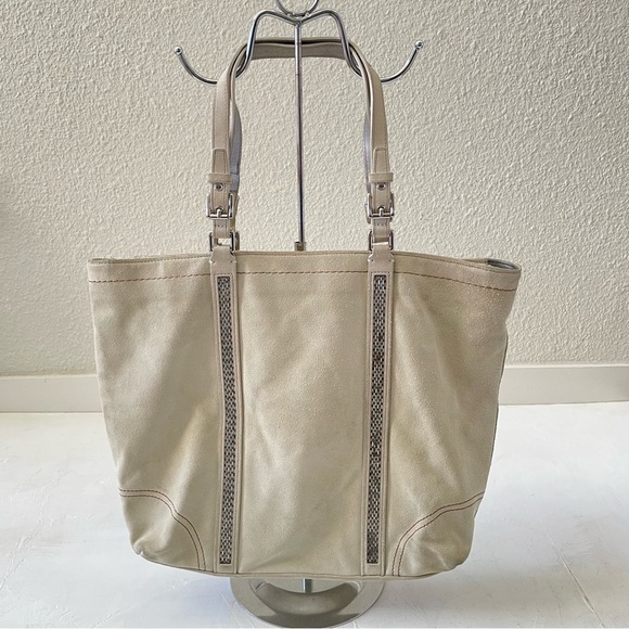 COACH LG FINEST IVORY SUEDE LEATHER BEADED GALLERY TOTE BAG PURSE - Picture 2 of 13